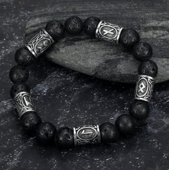 Asgard Silver Rune and Black Lava Stone Bracelet