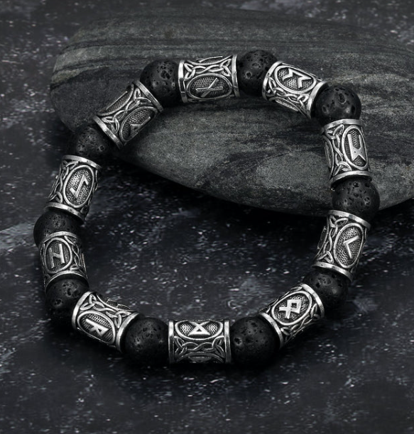 Asgard Silver Rune and Black Lava Stone Bracelet
