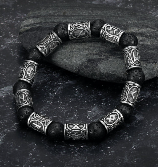 Asgard Silver Rune and Black Lava Stone Bracelet