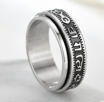 Rotatable Titanium Steel Ring with Six Words Mantra
