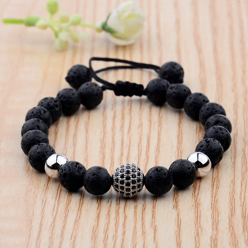 CZ Zircon Pave Lava Beaded Bracelet for Men