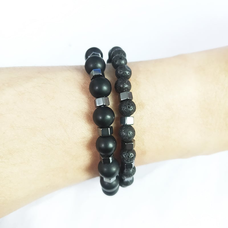 Black Frosted Lava Beads Stretch Bracelet for Men