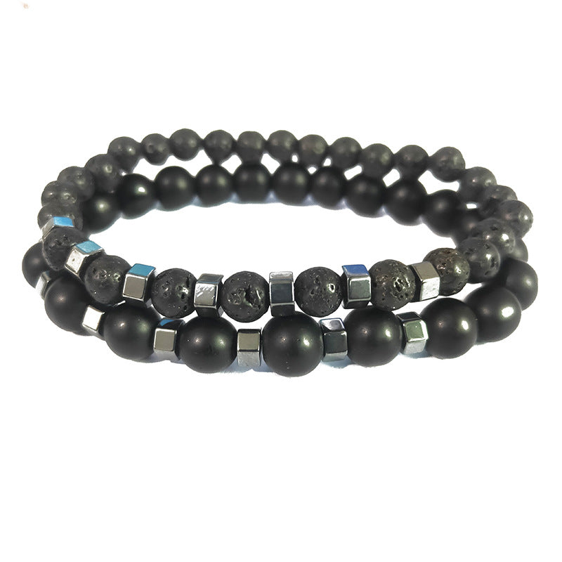 Black Frosted Lava Beads Stretch Bracelet for Men