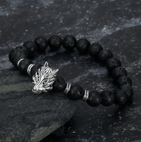 Asgard Grey Wolf Head and Lava Stone Bracelet